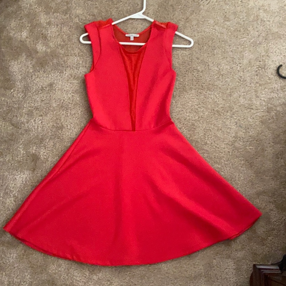 Vibrant red/orange polyester dress with sheer